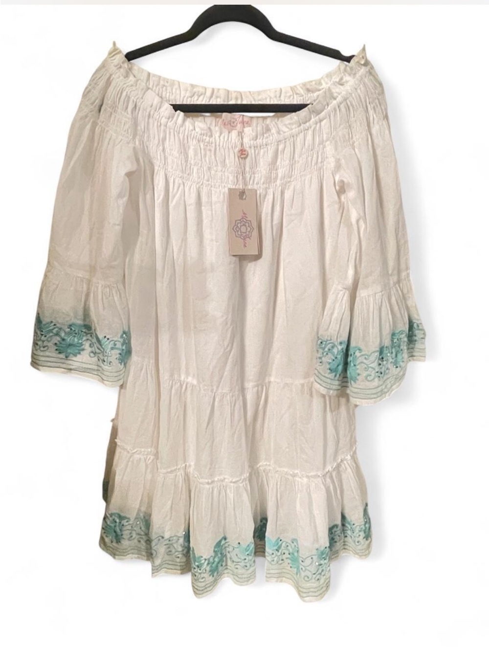 NWT Miss June Paris Off-Shoulder Boho Mini Dress White Teal Sequin Cotton OS